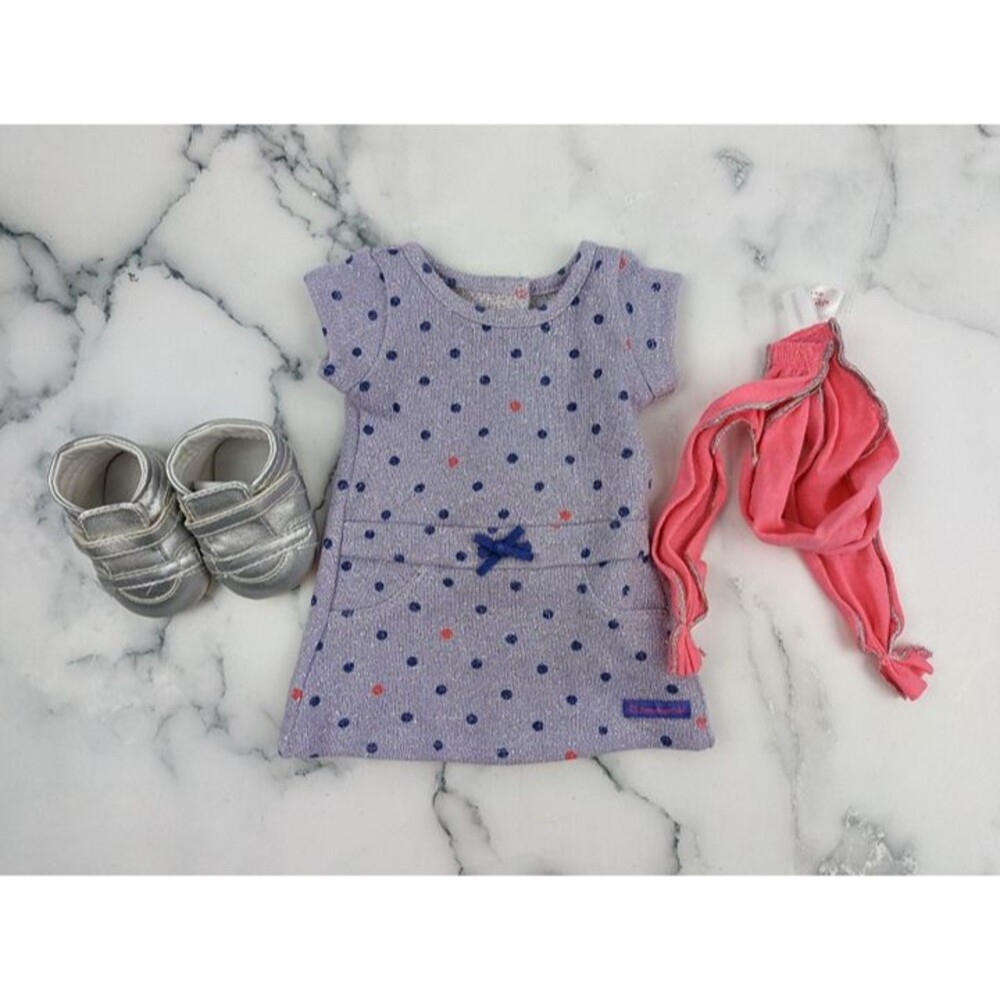 American Girl Doll Recess Ready Purple Polka Dot Dress, Shoes and Scarf